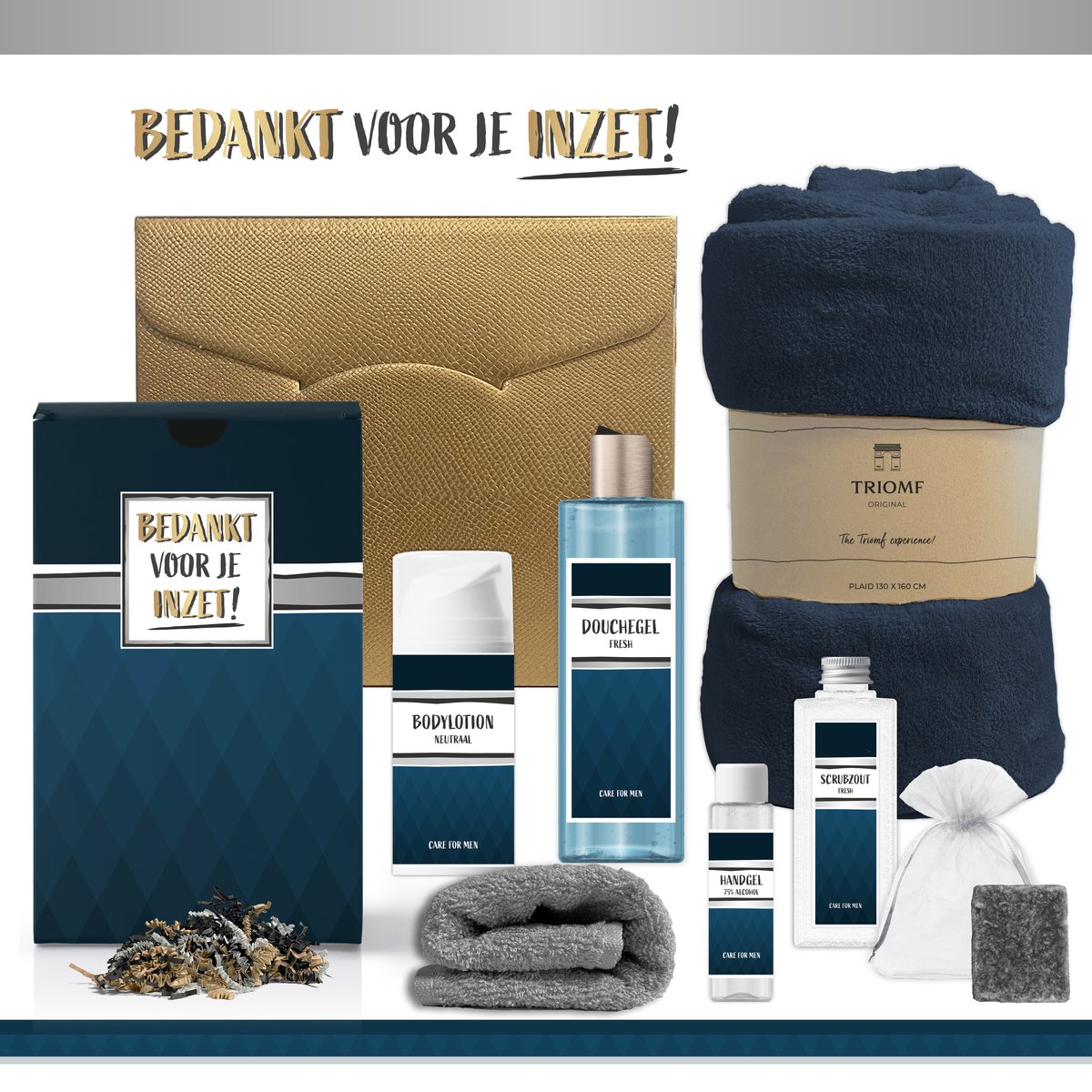 Goedkoopste Geschenkset “Bedankt voor je inzet!” - 7 producten - 1410 gram | Luxe Kerst Cadeaubox voor hem - Wellness Pakket man - Giftset Fijne feestdagen - Cadeaupakket Prettige Kerstdagen - Kerstcadeau - Kerstpakket Cadeau - Relatiegeschenk - Goud - Blauw