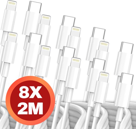 8x Oplader - Geschikt voor Lightning naar USB C Kabel 2 meter - Oplaadkabel geschikt voor iPhone X/11/12/13/14 - Opladers - Wit