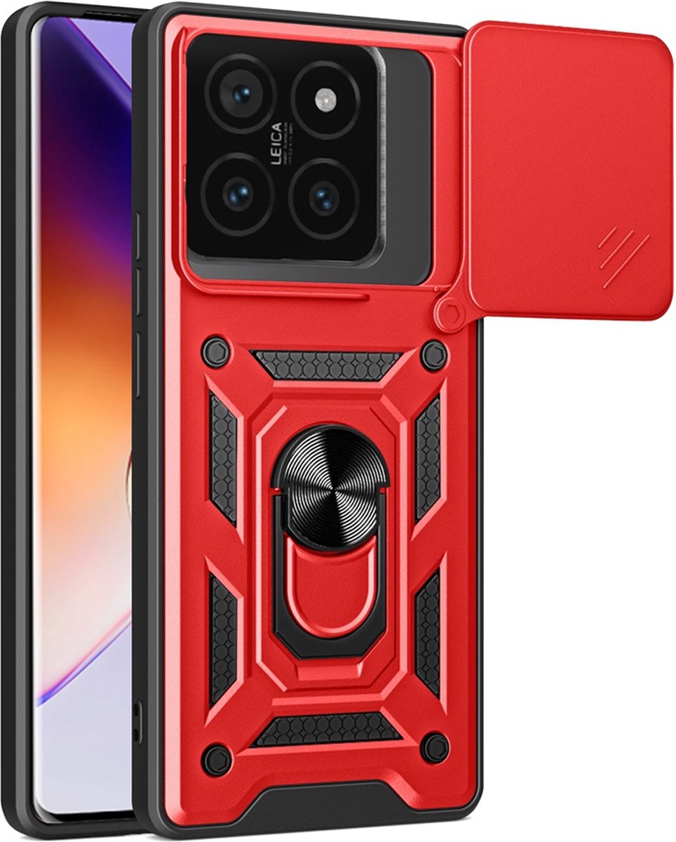 MobyDefend Hoesje - Geschikt voor Xiaomi 14T Pro - Pantsercase Met Draaibare Ring - Rood