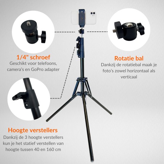 Statief smartphone en camera met telefoonhouder - statief telefoon en camera - 160 cm hoog - inclusief bluetooth afstandsbediening - cadeau tip