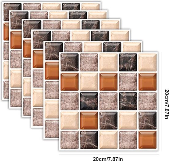 Vijf bruine, beige en donkergrijze vierkante stickers met mozaïekpatroon, elk 20x20cm.