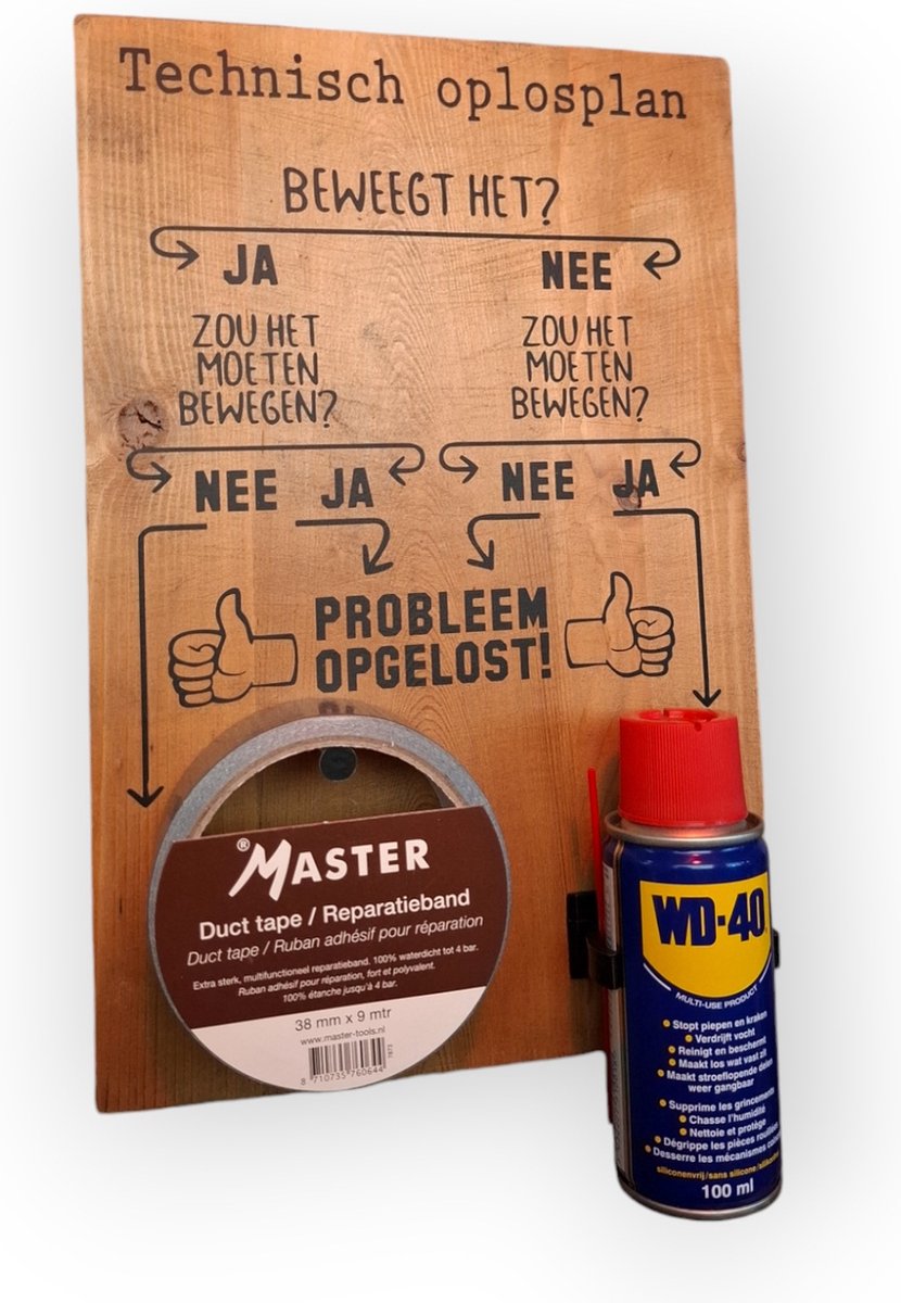 Technisch oplosplan WD-40 Ducttape tape vaderdag mannen cadeau tekstbord garage werkplaats cadeau NL heren mannen mancave houten tekstbord wandbord stoer grappig