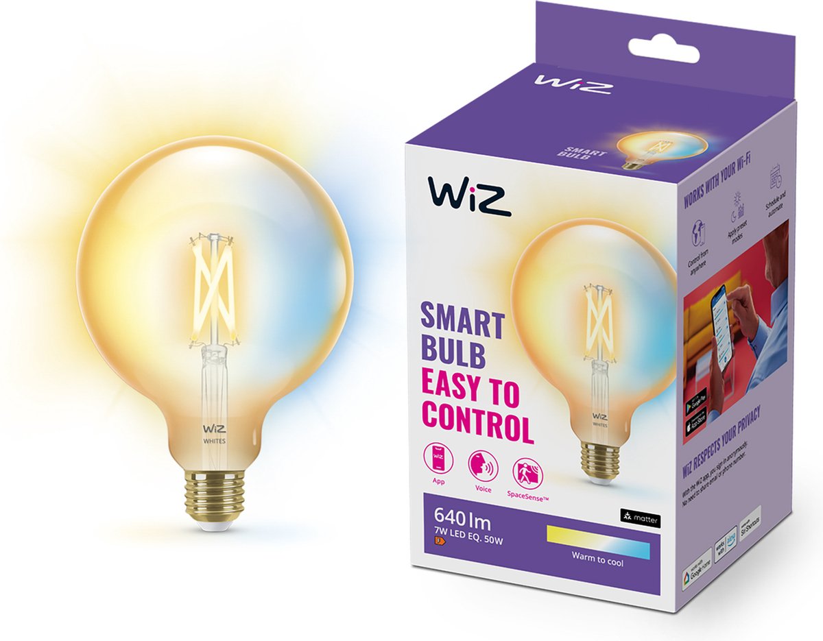 WiZ Filament Lamp Globe - Warm- tot Koelwit Licht - Slimme LED Verlichting - E27 fitting - 50W - Goud - Wi-Fi - Grote bol: G125