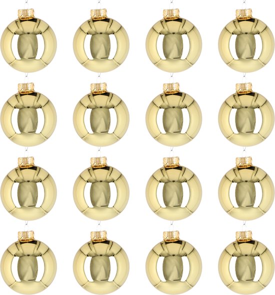 Glazen kerstballen - Set van 16 stuks/80mm - Luxe kerst decoratie - Sfeervolle kerstversiering voor in de kerstboom - Glas - Bright Gold Glans - Goud