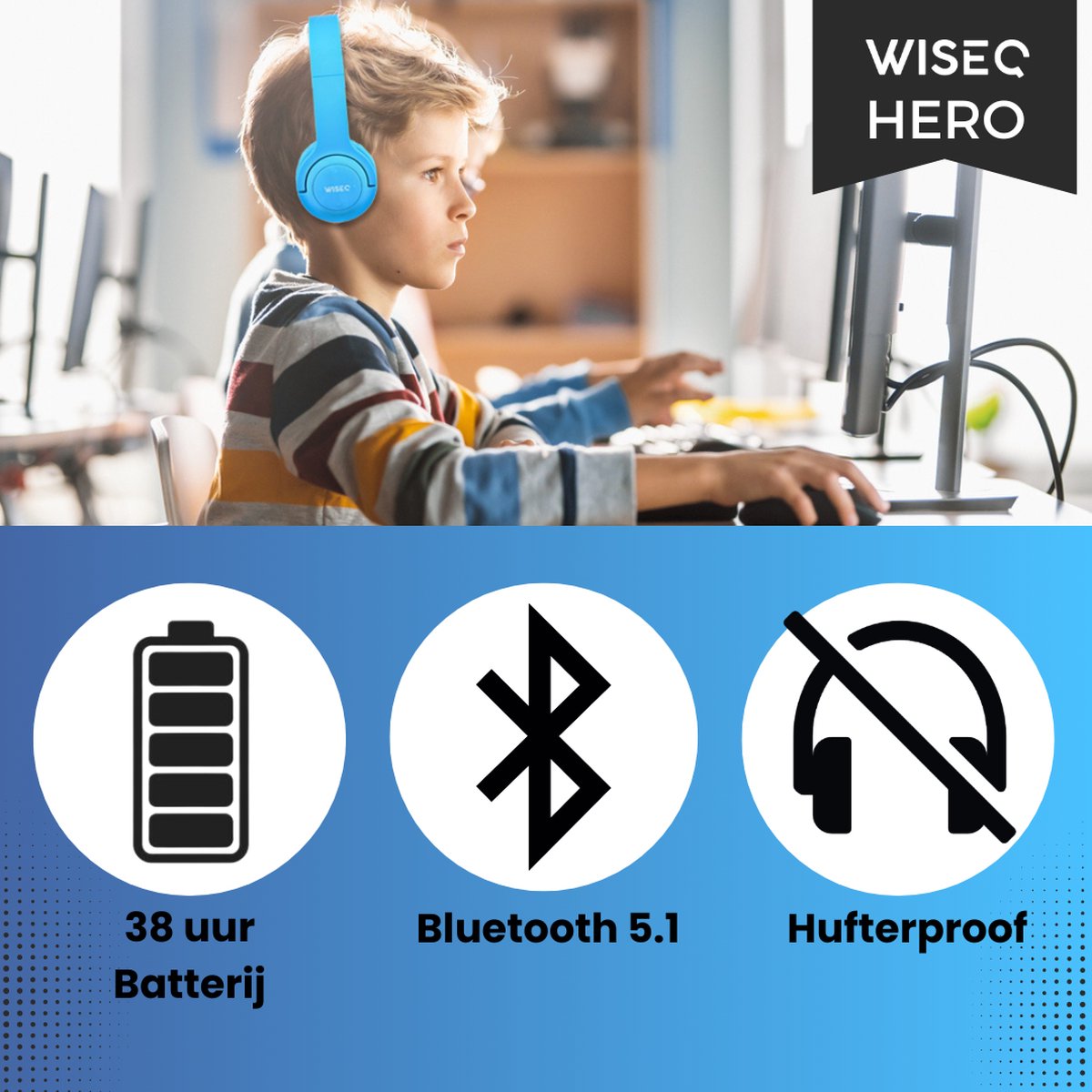 WiseQ Hero Draadloze Koptelefoon Kinderen Blauw 38 uur - afbeelding 3