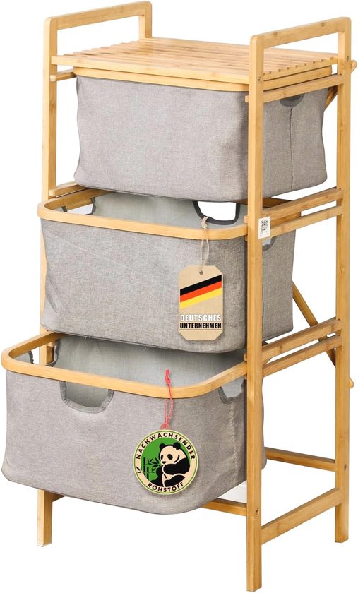 AMBIAVO Wasmand Met 3 Vakken, Zwart, 100% Katoen, Bamboe, 90 L Volume Wasverzamelaar Voor Vuile Was Sorteersysteem Wassort Aanbieding 40619936
