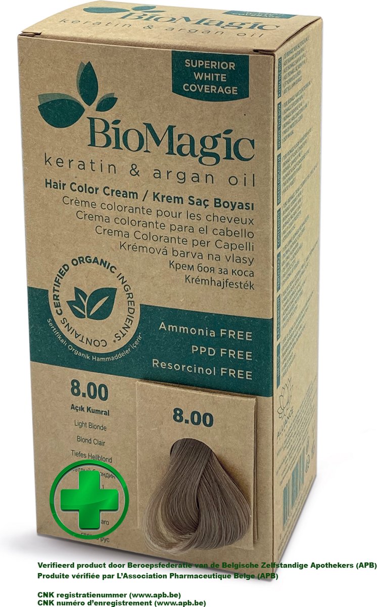 Natuurlijke Biologische haarverf, verrijkt met Keratine en Arganolie, zonder Ammoniak, PPD en Resorcinol- Kleur LICHTBLOND 8/00 - Je haar kleuren en verzorgen in één met BioMagic permanente haarverf! - Organic - Dierproefvrij - 100% Grijsdekkend