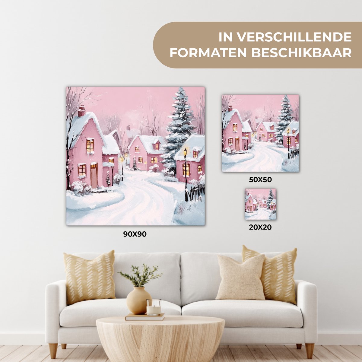 Canvas schilderij 20x20 cm - Wanddecoratie Kerstdorp - Roze - Winter - Sneeuw - Huizen - Muurdecoratie woonkamer - Slaapkamer decoratie - Kamer accessoires - Schilderijen op canvas - Kerstdecoratie voor binnen - Kerstversiering - Kerstmis versiering – foto 8