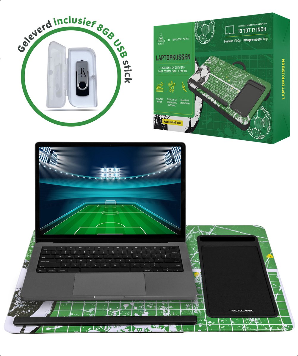 TrueLogic Alpha Laptop standaard - Laptoptafel - Bedtafel - Laptopkussen - Laptopstandaard - Voor laptops t/m 17 inch - Geleverd inclusief 8GB USB stick - Hattrick-Hero