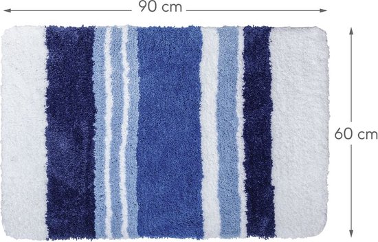 Tapis de bain à rayures bleues, blanches et bleu marine, 90 x 60 cm.