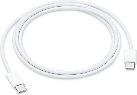 Een opgerolde witte USB-C laadkabel met aan beide zijden een USB-C connector.
