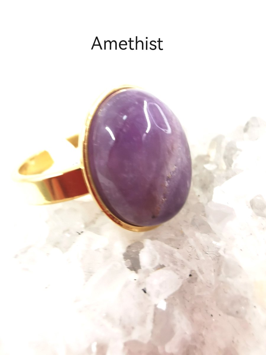 Ring met edelsteen - Amethist - ovaal - Goudkleurig - RVS - maat 16 - Edelsteen ringen zijn niet alleen prachtige sieraden, maar ook dragers van diepe betekenis en symboliek.