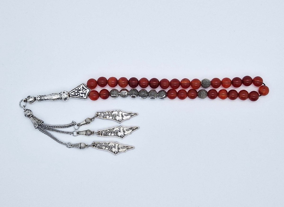 Handgemaakte naam tasbih 33 Kralen Natuursteen “ Rood Agaat” - met metaal tassel “Palestina"- Met je naam of de naam van uw geliefde- 8 mm diameter van de korrel
