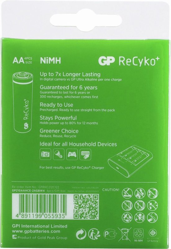 Achterkant van de verpakking van vier GP ReCyko+ NiMH AA batterijen. Tekst: 'Up to 7x Longer Lasting'.