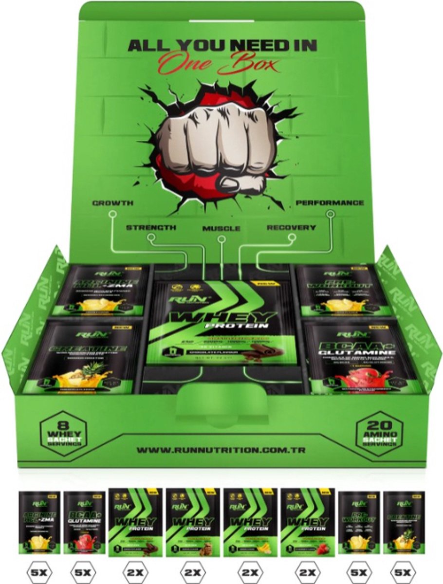 Run Nutrition - Special mix Sachets box 28 servings | 8 Whey Protein Sachets - 20 Aminozuur Sachets | Maximaliseert je prestaties | Vermindert spiervermoeidheid | Versnelt het herstelproces