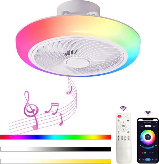 RGB plafondventilator met dimbaar licht, Bluetooth speaker, 6 snelheden, app- en afstandsbediening, omkeerbaar, 46 cm