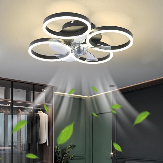 Plafondventilator met LED verlichting 64W dimbaar zwart 4 ringen stil afstandsbediening smart app 60 cm