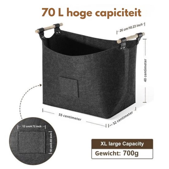 Afmetingen van de donkergrijze vilten mand: 55 cm breed, 32 cm diep, 40 cm hoog. XL capaciteit: 70L. Gewicht: 700g.