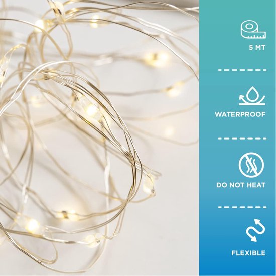 Flexibele LED Sfeerverlichting - 5 Meter Koperdraad met 50 Warme Witte