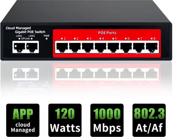 Cloud PoE switch 8ch voor Home-Locking videofoon T-2301. T-2301S