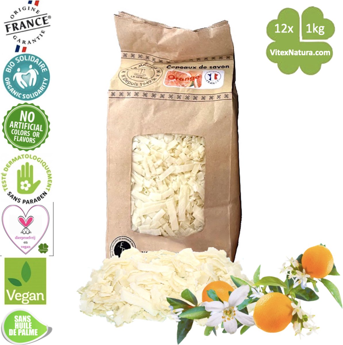 Goedkoopste Marseille zeepvlokken | 12x 1 kg | Sinaasappelbloesem | Ecologisch en Milieuvriendelijk | Le Serail | Multifunctioneel | Puur natuur