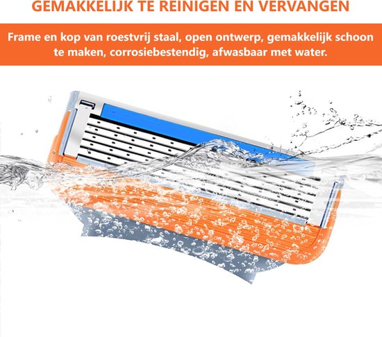 Oranje scheermesje wordt schoongespoeld onder een waterstraal.