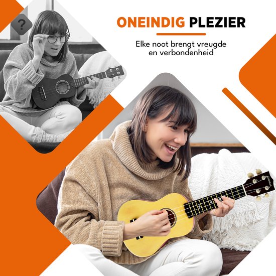 Twee vrouwen spelen op naturel Finesse ukuleles op een bank. "Oneindig plezier".