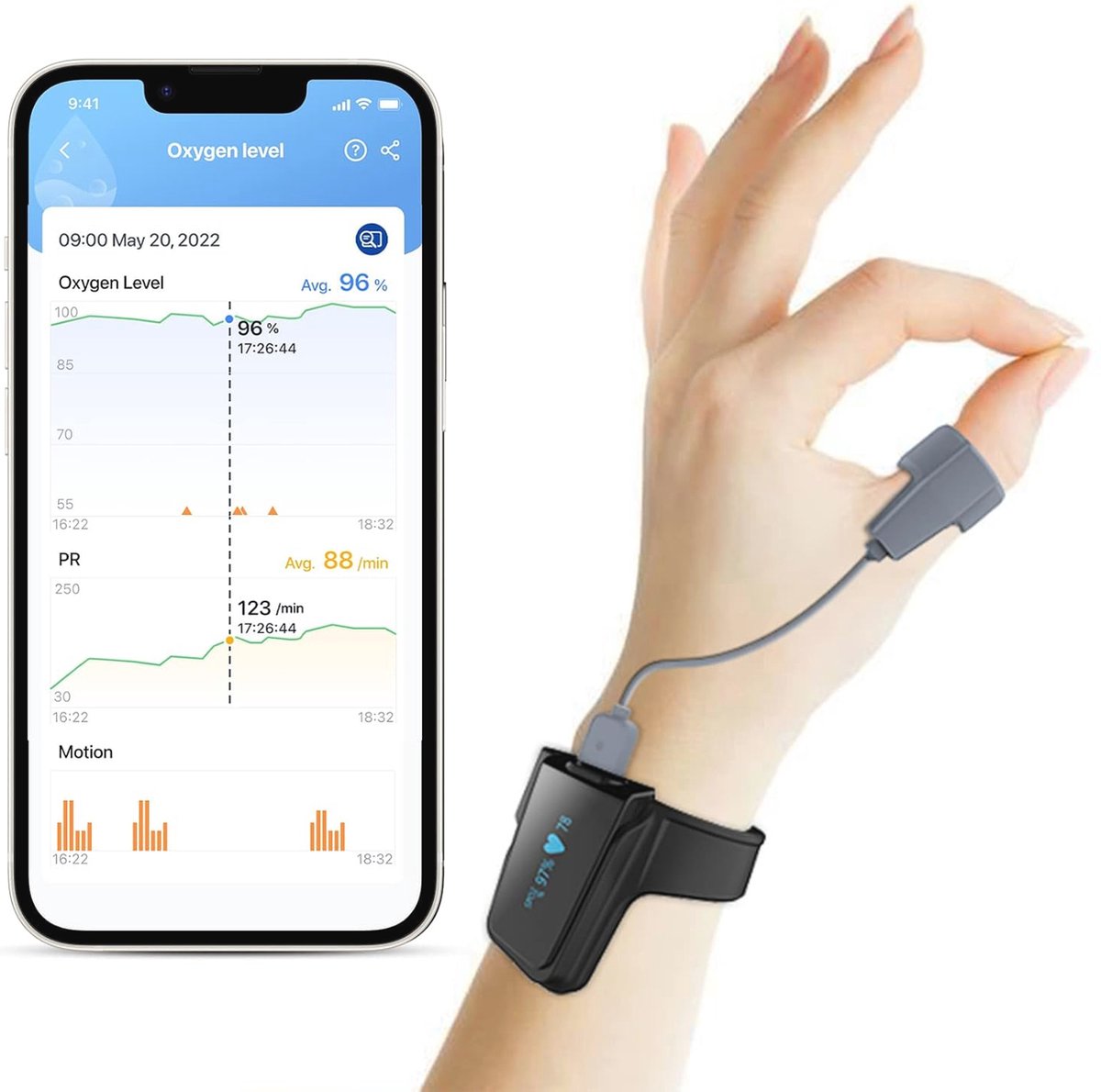 Zuurstofverzadigingsmonitor voor Bloed en Hartslag met Bluetooth en App - Nachtbewaking en Trillingsalarm
