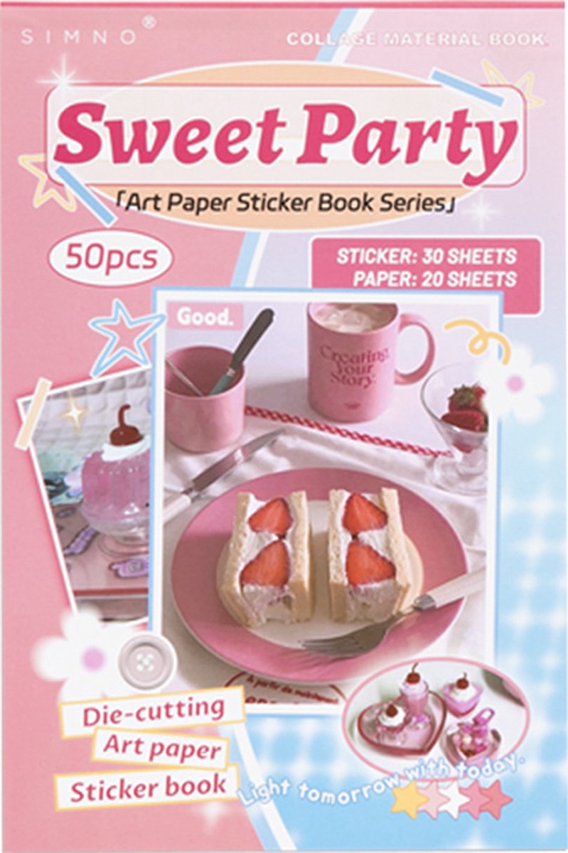 Simno® Sticker- en papierset - 50 vellen - Set met vellum stickers, hobbypapier en decoratiepapier voor bullet journal en scrapbook - Sweet Party