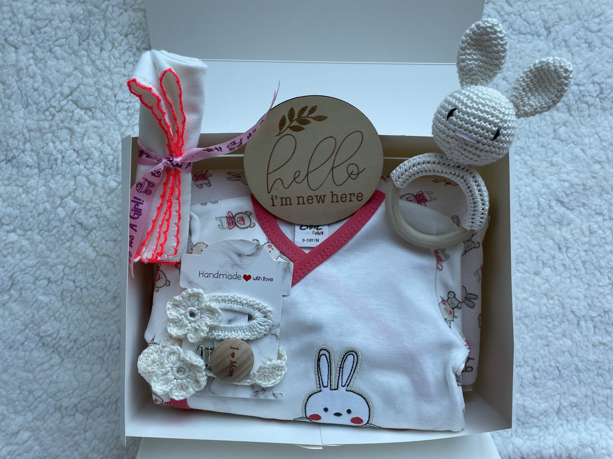 Goedkoopste Maminobaby.nl - Baby Geschenkset meisjes | Newborn kledingset | Handmade Bijtring | Handmade speenkoord | Handmade haarclip | Kraamcadeau | Babyshower