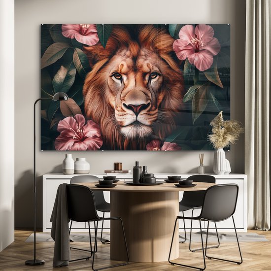 MuchoWow® Glasschilderij 180x120 cm - Schilderij acrylglas - Leeuw - Roze bloemen - Bladeren - Botanisch - Foto op glas - Muurdecoratie woonkamer - Wanddecoratie slaapkamer - Schilderijen