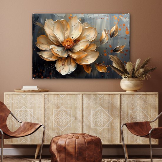 MuchoWow® Peinture sur verre 120x80 cm - Peinture sur verre acrylique - Fleurs - Or - Art - Zwart - Moderne - Photo sur verre - Décoration murale salon - Décoration murale chambre - Peintures