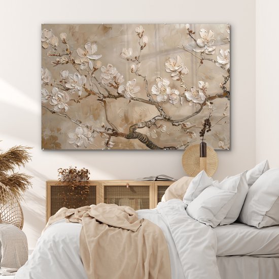 MuchoWow® Tableau sur verre 150x100 cm - Tableau sur verre acrylique - Fleurs - Moderne - Beige - Wit - Blossom - Photo sur verre - Décoration murale salon - Décoration murale chambre - Peintures