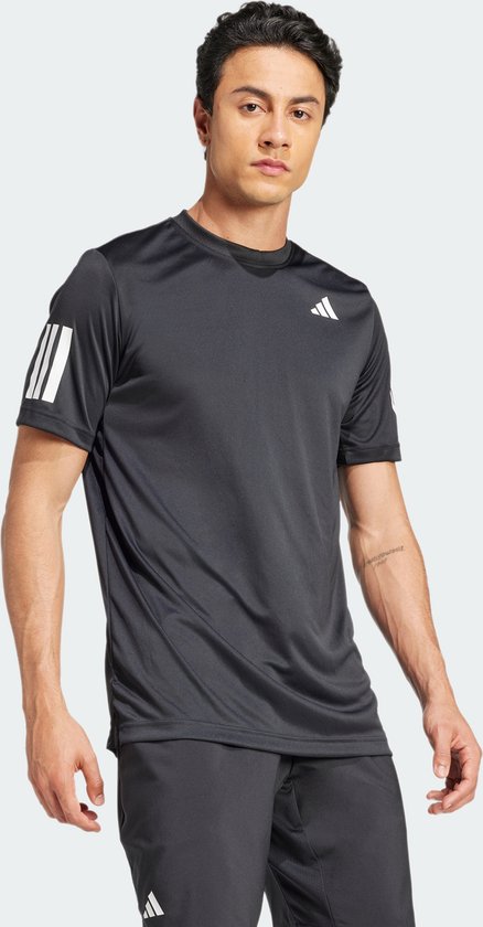 Zwart adidas sportshirt voor heren met 3-strepen op de mouwen, op de voorkant.