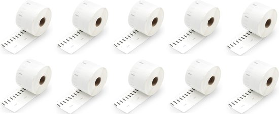 Tien rollen witte label tape met zwarte markeringen, op wit oppervlak.