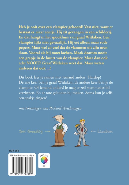 Boodschap over 'Graaf Witlaken en de Vlampier' met een illustratie van Jan Geestig en Lizabon.