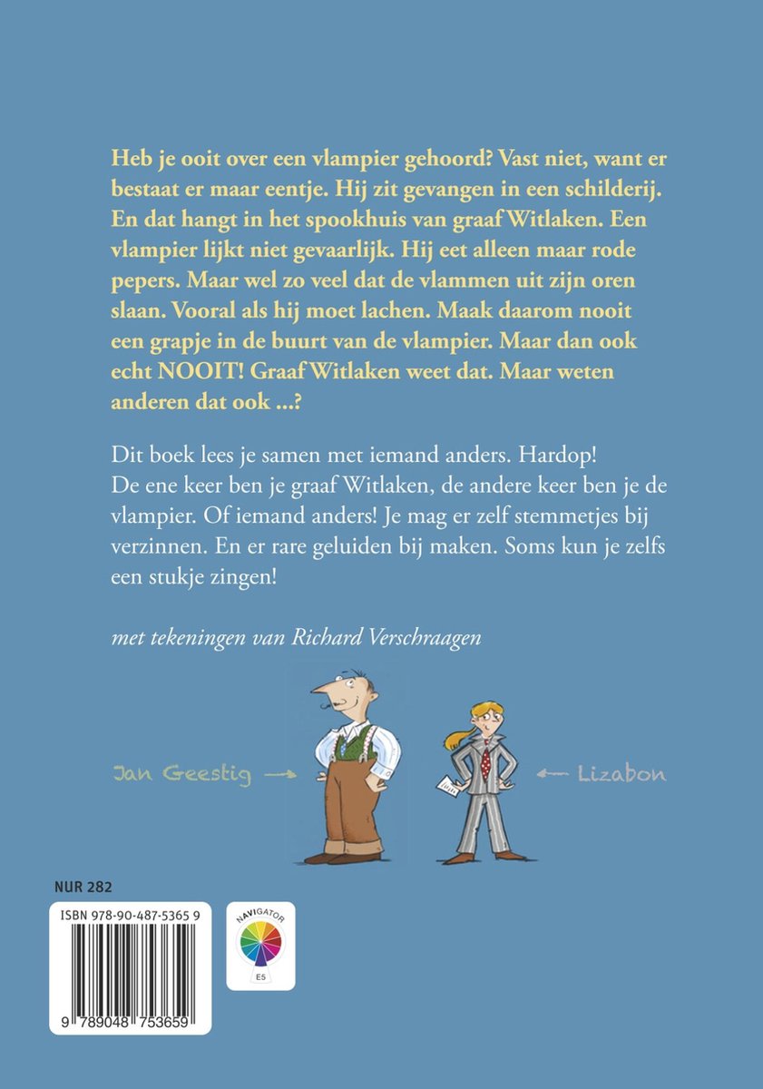 Boodschap over 'Graaf Witlaken en de Vlampier' met een illustratie van Jan Geestig en Lizabon.