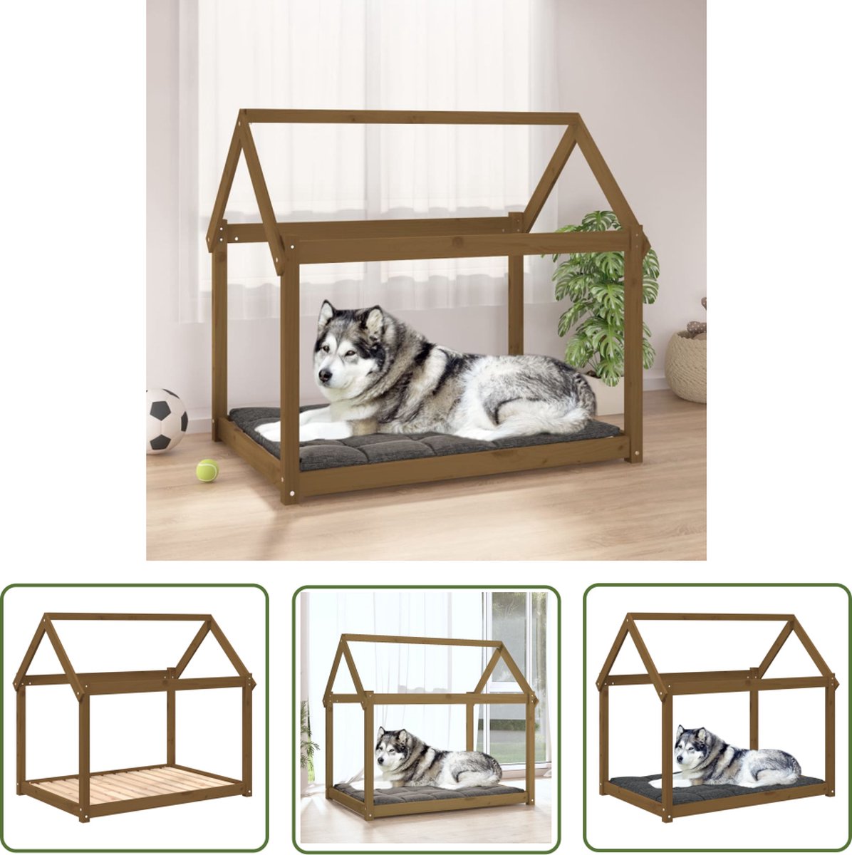 vidaXL Hondenmand – Hond Mand – Hondenmand 111x80x100 cm massief grenenhout honingbruin – Honden Bed – Honden Nest – Bruine Hondenmand