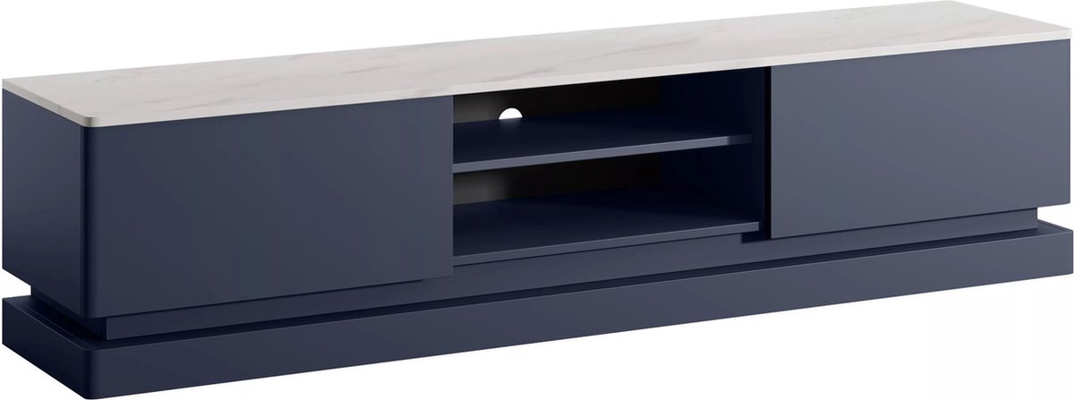 Vente-unique Tv-meubel met 2 lades en 2 nissen met ledverlichting - MDF - Blauw met wit marmereffect - DEVIKA Nachtblauw, Wit