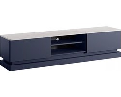 Vente-unique Tv-meubel met 2 lades en 2 nissen met ledverlichting - MDF - Blauw met wit marmereffect - DEVIKA