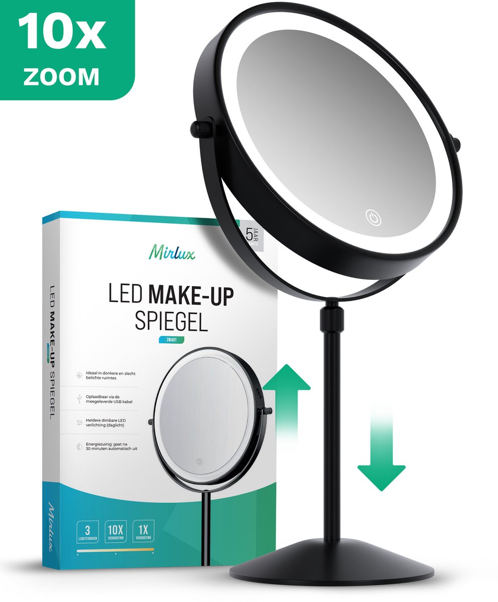 Mirlux Make Up Spiegel met LED Verlichting - 10x Vergroting – Hoogte Verstelbaar - 3 Lichtstanden - Oplaadbaar - Vergrootspiegel Zwart