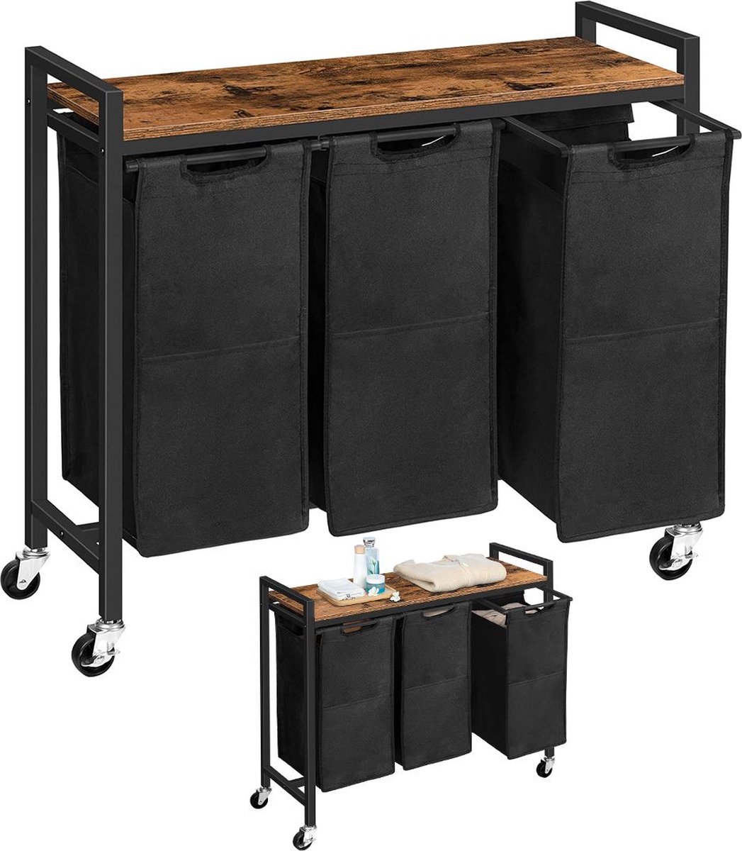 Goedkoopste White-Label® Wasmand 3 Vakken - Wassorteerder - 120L - Donkerbruin met Zwart