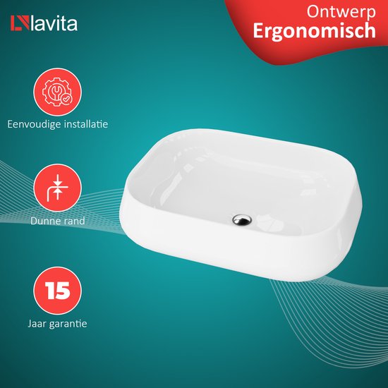 LAVITA® Lavabo à poser PASTEL Lavabo rectangulaire en céramique pour salle de bain et toilettes invités - 525x385x150 mm - Wit brillant - Lavabo à bord fin - Lavabo en céramique à poser sans trou pour robinetterie et sans trop-plein