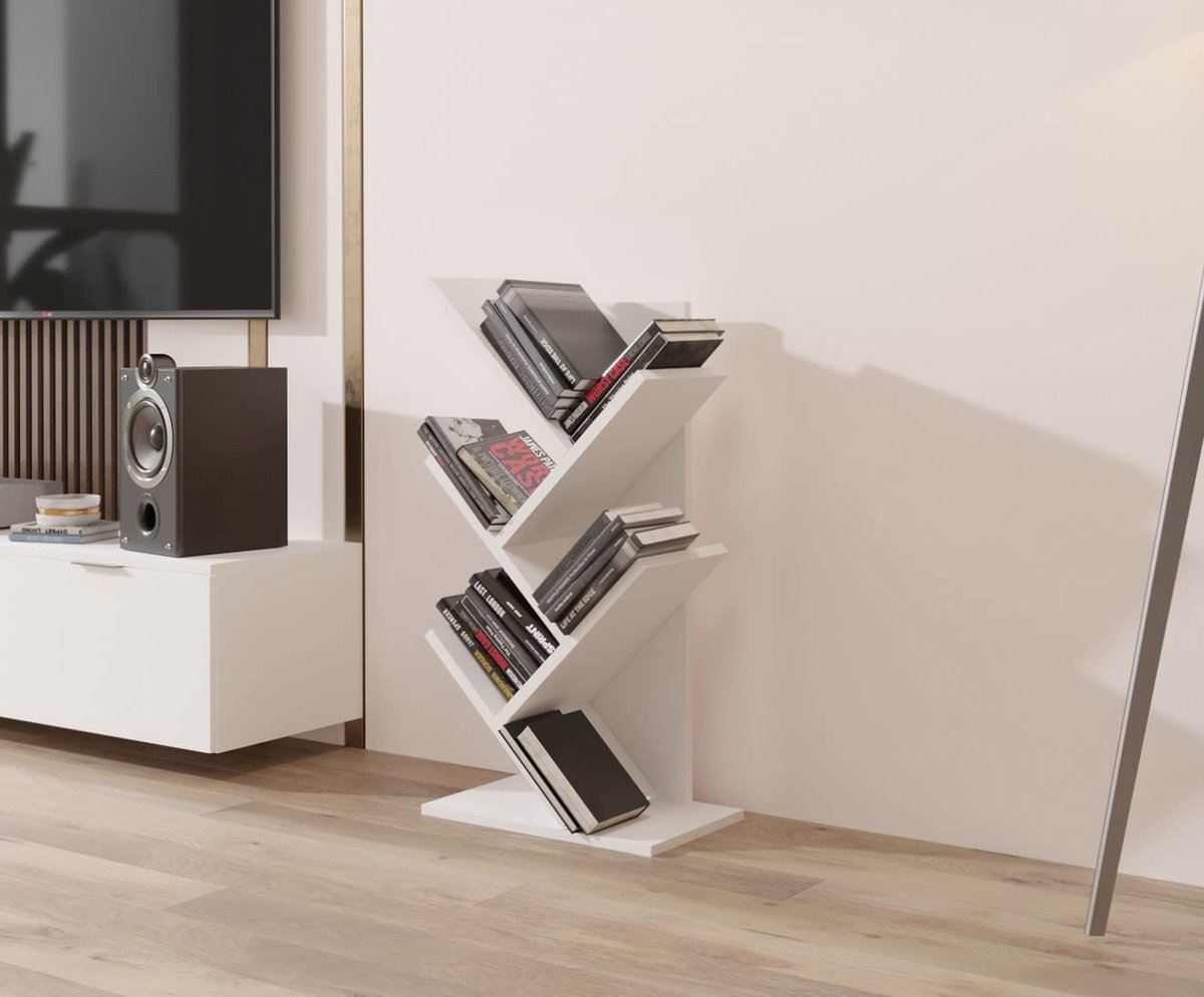 La'Moussawi ® Stijlvolle en Functionele Boomvormige Boekenkast met Vijf Planken in Witte Afwerking
