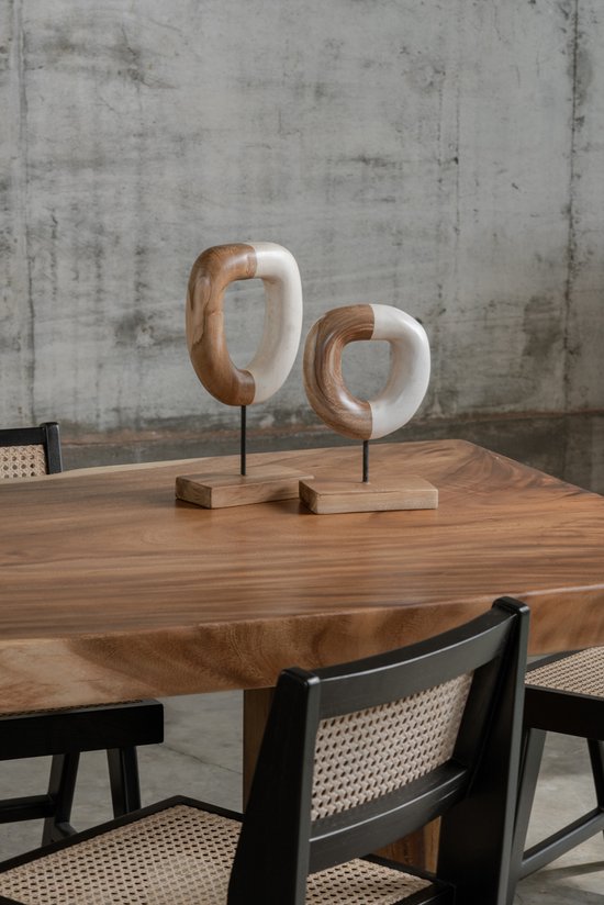 Luxe ornamenten op voet - rond ornament hout - teakhouten - decoratieve objecten - naturel bruin wit - premium kwaliteit - set van 2
