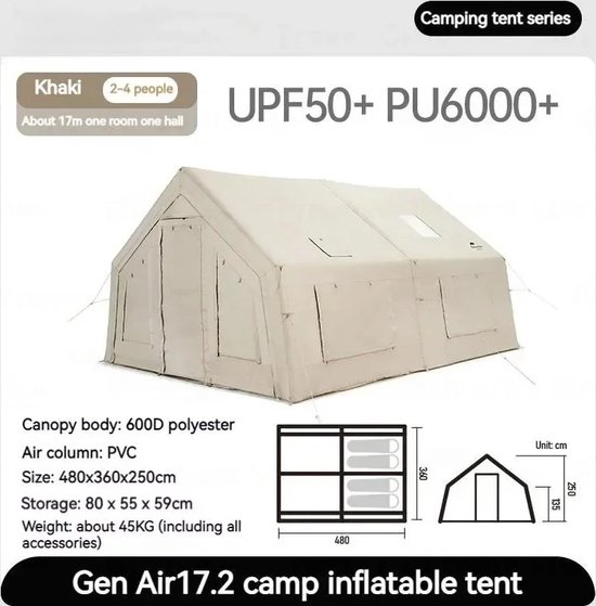Opblaasbare Tent - Luxe Waterdichte Tent voor 3-4 Personen - Familie Tent met Schoorsteen Gat en Automatische Opening - Khaki Kleur