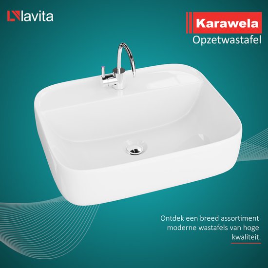LAVITA® Lavabo à poser KARAWELA Lavabo rectangulaire en céramique pour salle de bain et WC invités - 500x400x145 mm - Wit brillant - Lavabo à bord fin - Lavabo en céramique à poser avec trou pour robinetterie et sans trop-plein