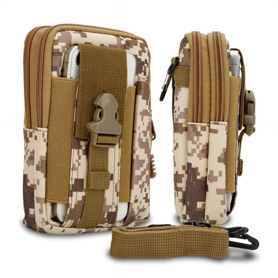 Étui de téléphone portable camouflage beige avec clip ceinture, bandoulière et poche séparée zippée.