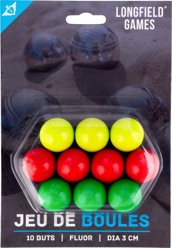 Verpakking met 10 Jeu de Boules ballen in fluor geel, rood en groen. Diameter 3 cm.