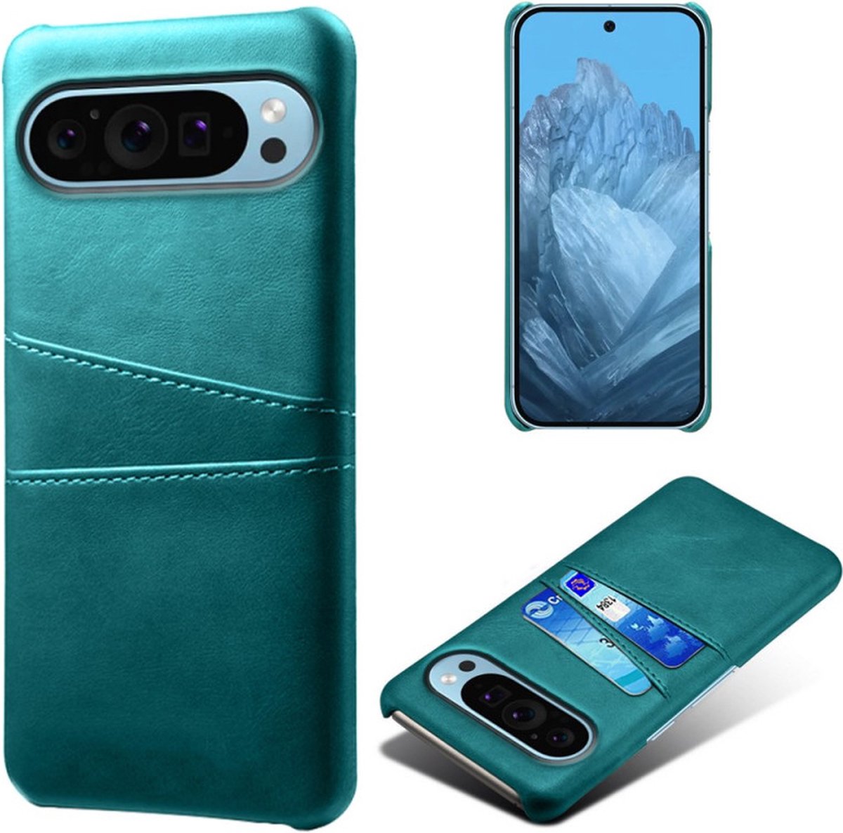 Back Cover met Opbergvakjes + Glas Screenprotector voor Google Pixel 9 / 9 Pro _ Groen